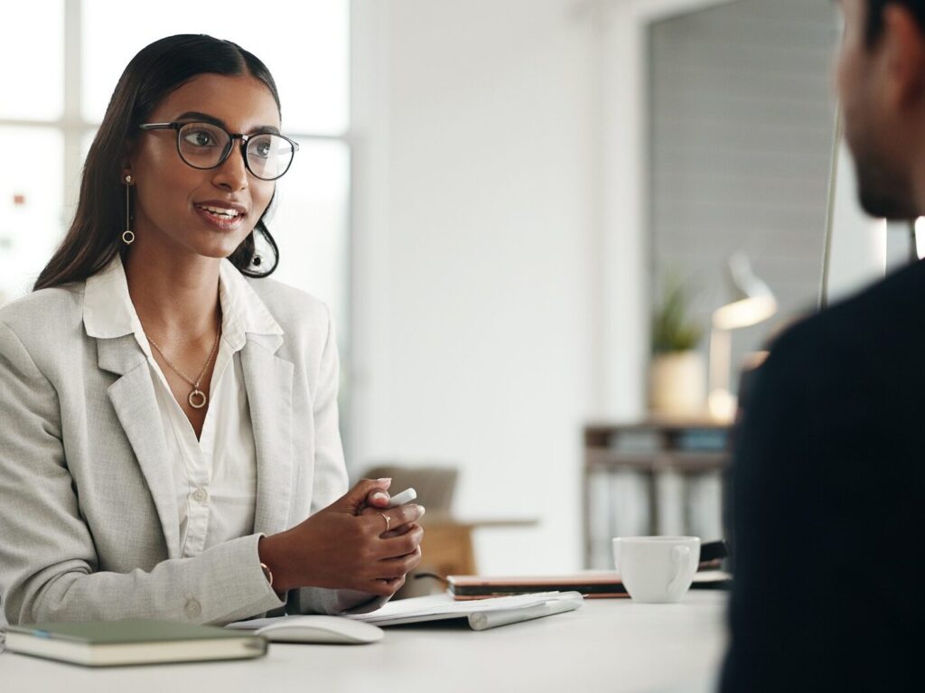 Interview, human resources and meeting with business people, conversation and hiring with b2b and r